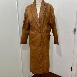 Vintage Winlit Brown Distress Leather Overcoat Trench Coat Jacket Size S-M